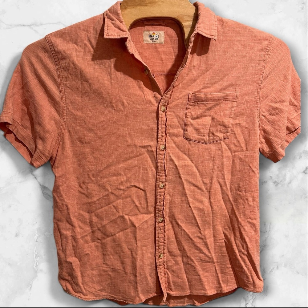 Marine Layer Shirt Men's Large Stretch  Short Sleeve Coral Button Up Beach
